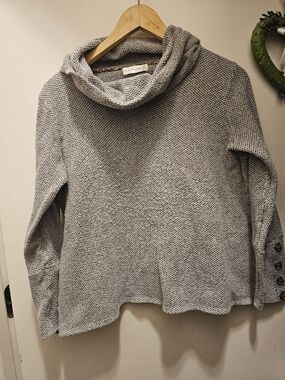 Retrology Gray Marled Cowl Neck Knit Sweater Med Button Sleeve Excellent Conditi